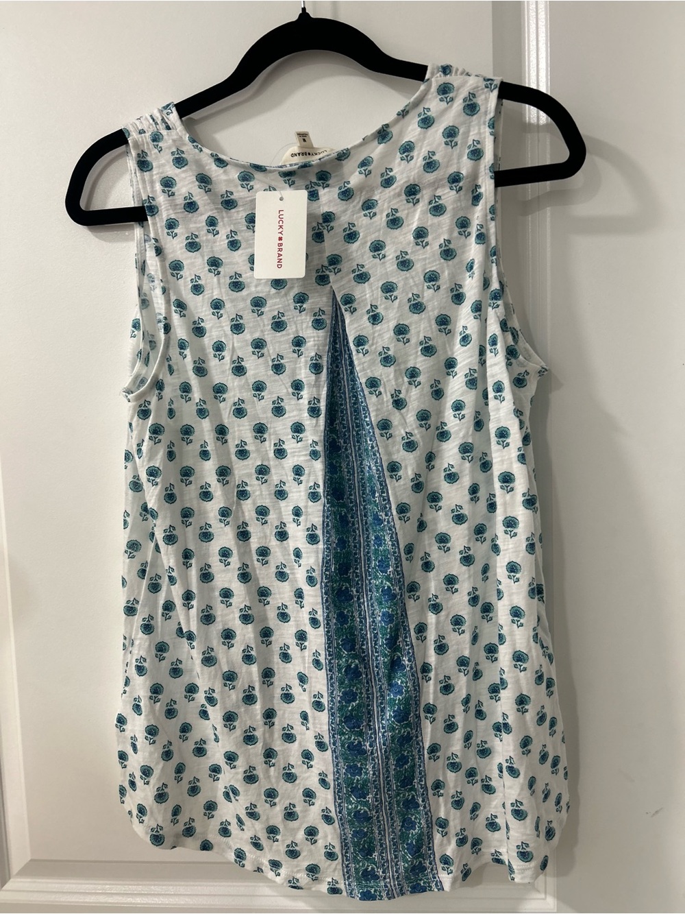 Lucky Brand White Tank with Teal Blue Print and Center Panel - Picture 2 of 3